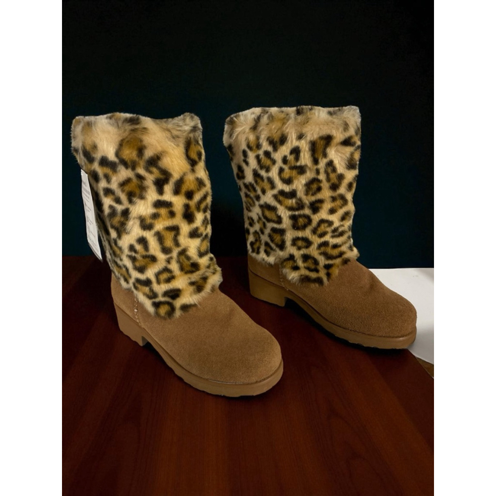 Size 5 Bearpaw Regina Hickory Brown Leopard Animal Print Faux Fur Winter Boots